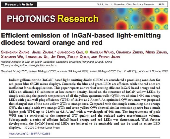 光效提升10倍！江风益院士团队InGaN基橙-红光LED最新成果