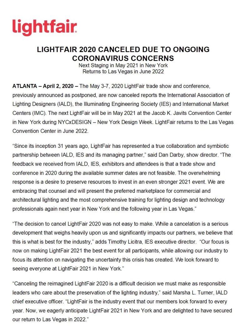 受新冠疫情影响，2020美国国际照明展宣布取消
