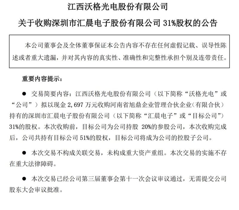 MiniLED｜沃格光电拟取得汇晨电子51%控股权，加码MiniLED背光领域