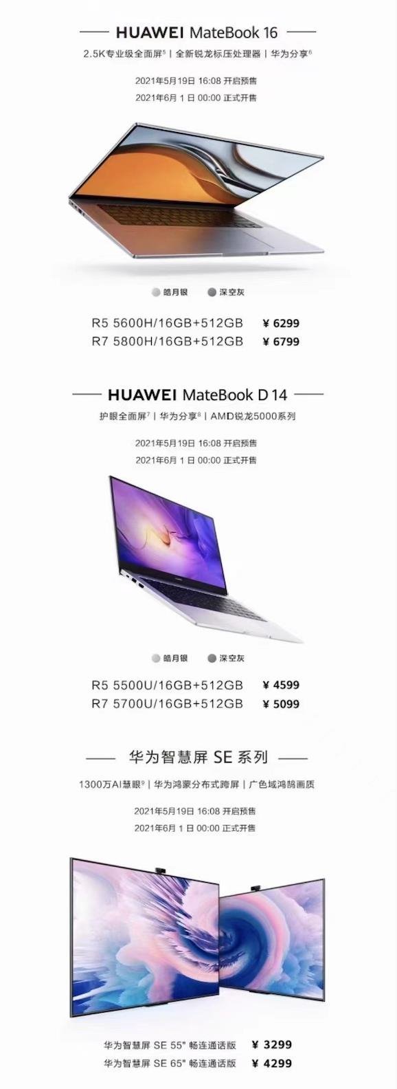 华为发布28.2寸超4K显示器、55/65寸智慧屏、16寸2.5K屏Matebook16