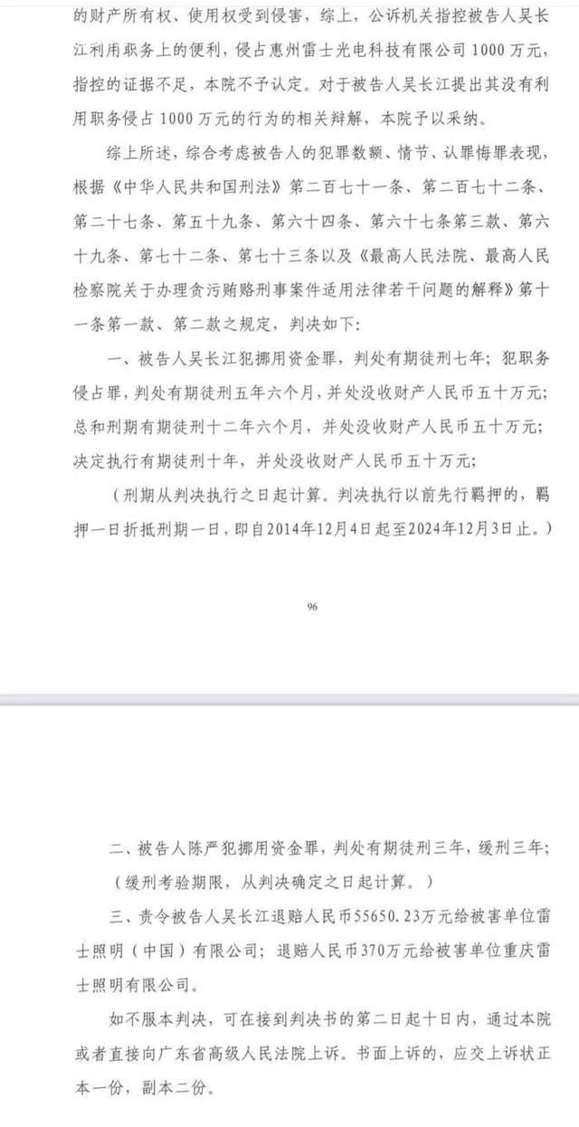 雷士照明创始人吴长江重审获刑10年，已表示上诉