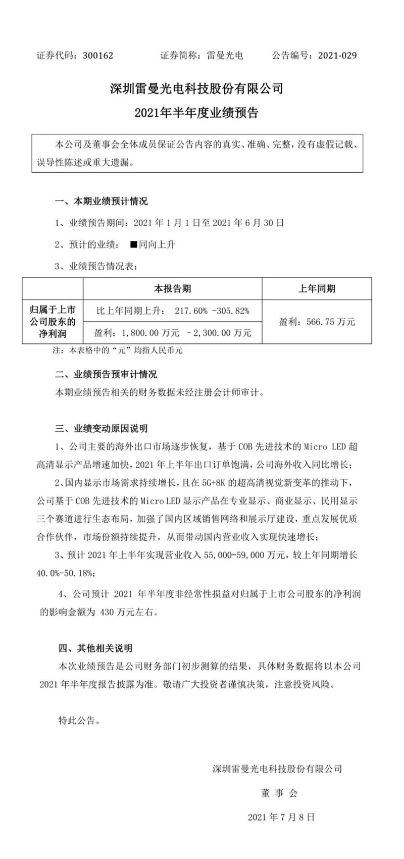 雷曼光电：2021年半年度业绩预告