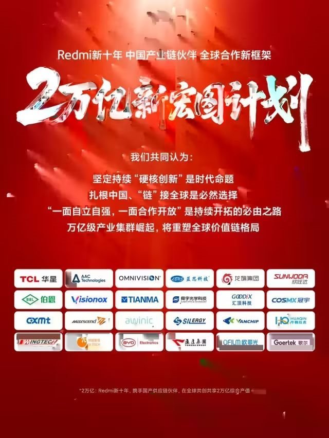 手机销量达十亿台！Redmi开启2万亿产值计划，蓝思、TCL华星、欧菲光、歌尔......国产厂商支持