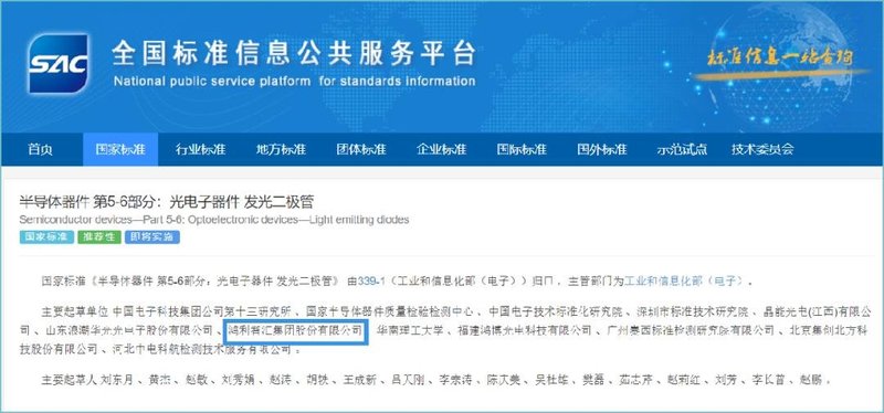鸿利智汇参与制定国家标准《半导体器件 第5-6部分：光电子器件 发光二极管》正式发布