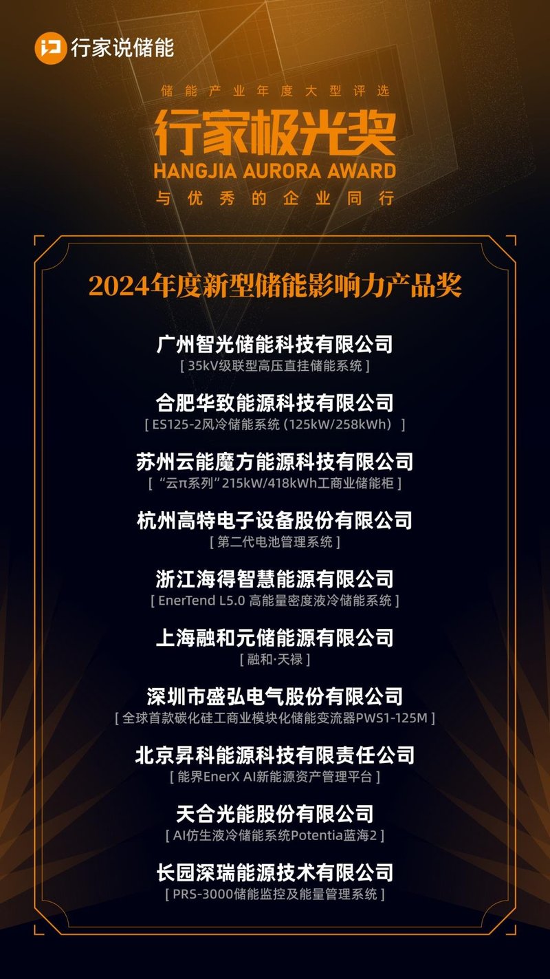 重磅！2024年储能行家极光奖10大奖项公布