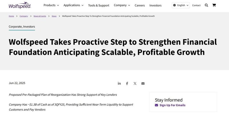 Wolfspeed：三季度将完成重组，总债务减少330亿元